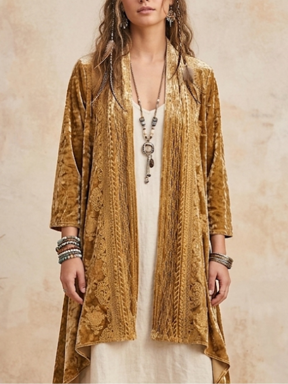 ANDREE By Unit Crushed Velvet Gold Embroidered Open-Front Cardigan Size M Boho